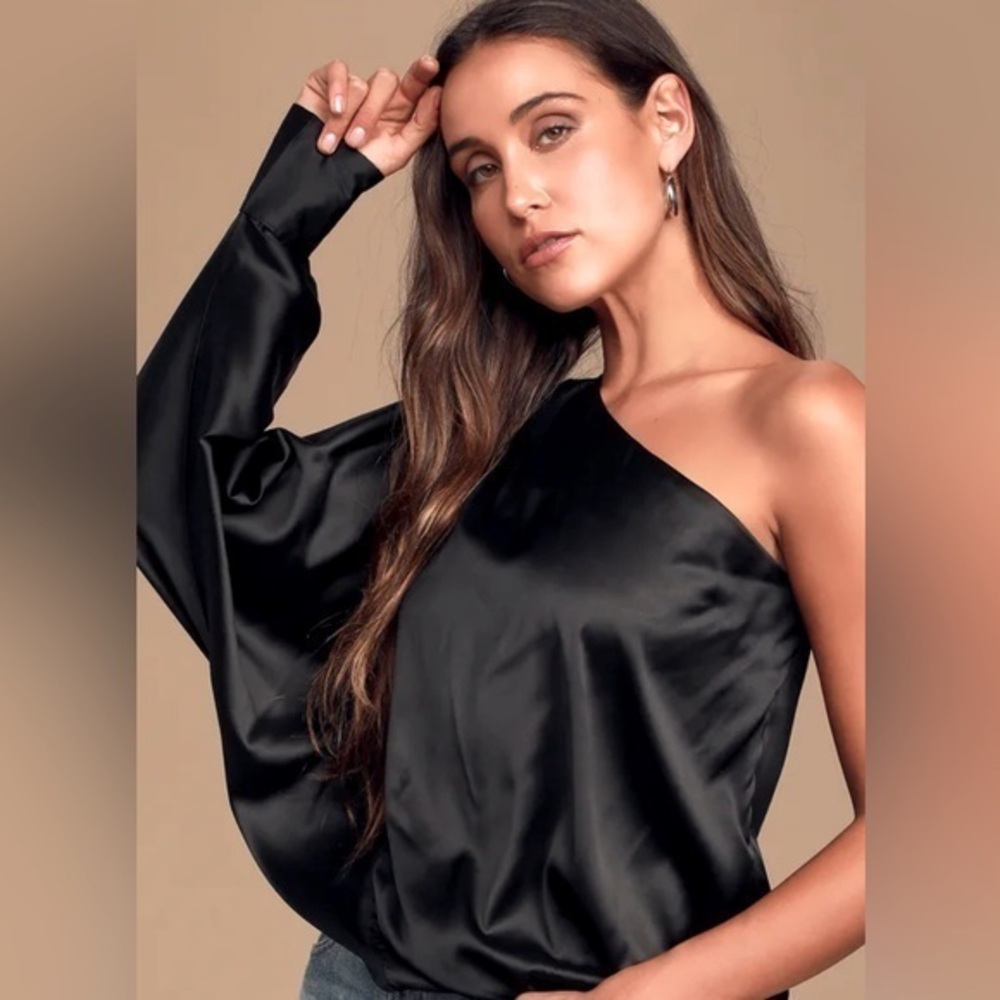 Lulu's Black Asymmetrical The Ballads One Shoulder Black Satin Blouse Size M